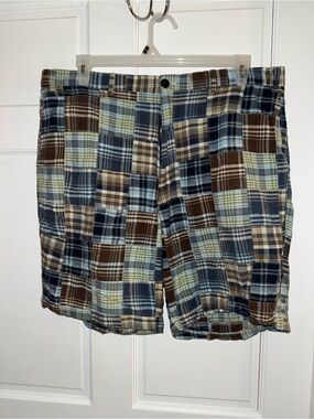 Men's Plaid Patchwork Flat Front Shorts - Blue & Brown
